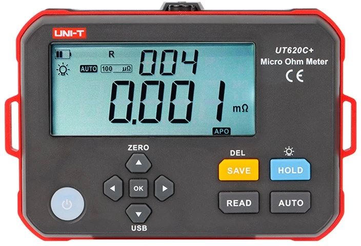 Aukšto tikslumo skaitmeninis mikroommetras, 0.001mΩ~300.0kΩ; 1mΩ, Type C, IP54, DC 3.7V 3200mAh Li, 500 matavimų atmintis, UNI-T