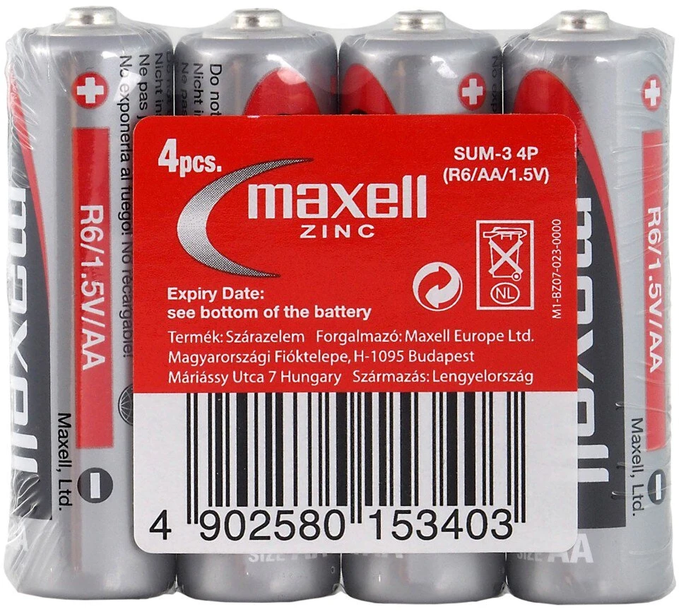 Baterija - Maxell R6 4TAC 1.5V Cinko-Anglies Elementai Laikrodžiams Radijams Kalkuliatoriams Nuotolinio Valdymo Pultams Juoda