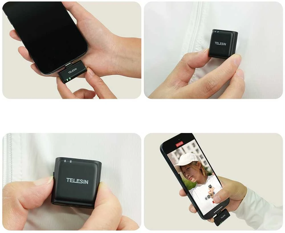 TELESIN belaidis mikrofonas su kaklaraiščiu + išorinė baterija telefonams (USB-C)