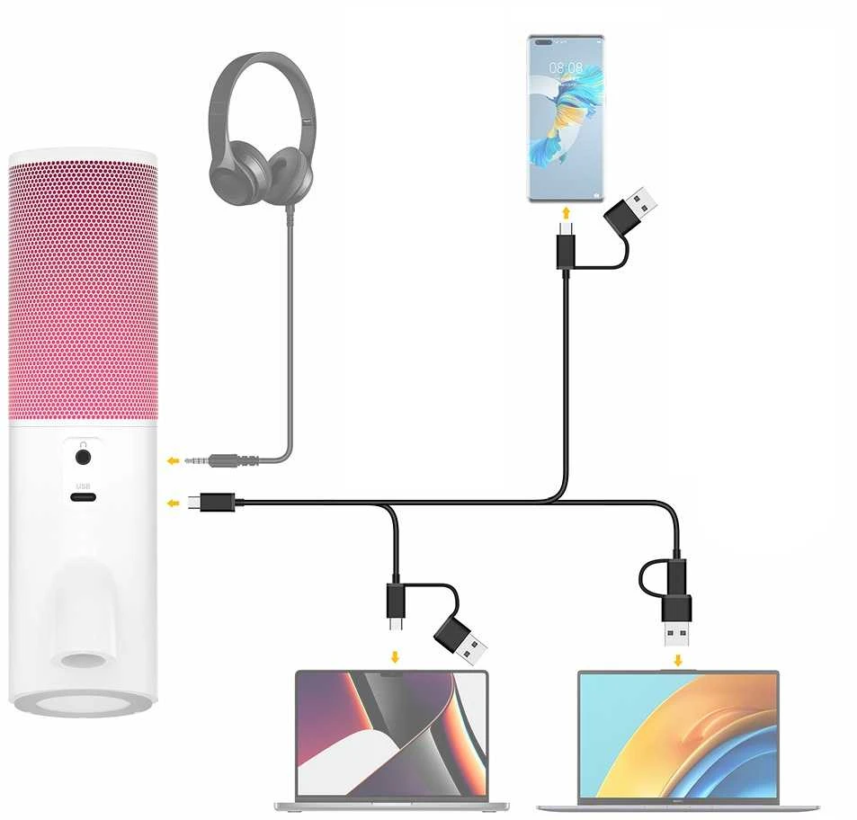 Mikrofonas - 7Ryms SR-AT10 USB-C USB-A Kondensatorinis Cable Release su RGB Balta