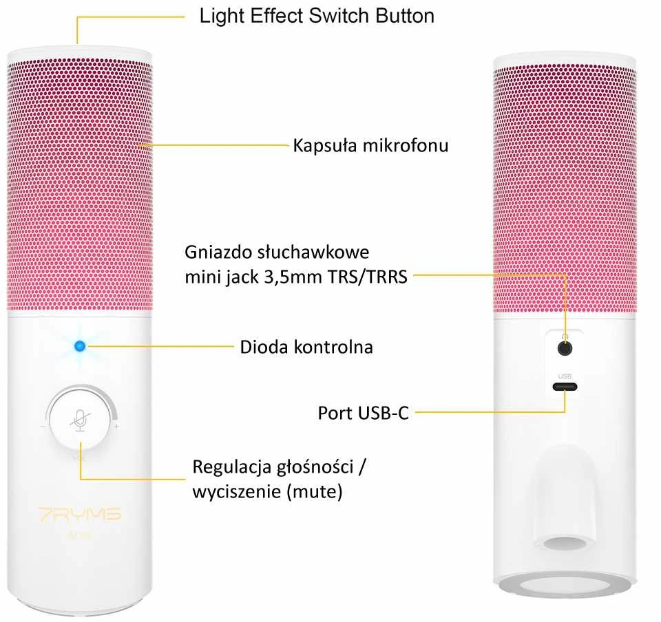 Mikrofonas - 7Ryms SR-AT10 USB-C USB-A Kondensatorinis Cable Release su RGB Balta