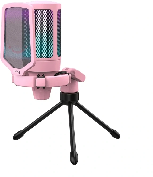 Mikrofonas - Fifine A6V USB Kondensatorinis Kardioidinis 16 bitų/44,1 kHz RGB Jutiklinis Nutildymas Rožinis
