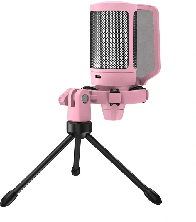 Mikrofonas - Fifine A6V USB Kondensatorinis Kardioidinis 16 bitų/44,1 kHz RGB Jutiklinis Nutildymas Rožinis