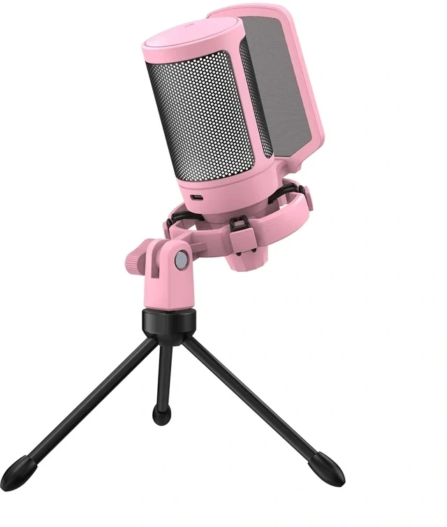 Mikrofonas - Fifine A6V USB Kondensatorinis Kardioidinis 16 bitų/44,1 kHz RGB Jutiklinis Nutildymas Rožinis