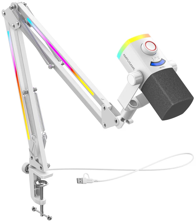 FIFINE AmpliGame AM8W PROT laidinis mikrofonas su stovu ir RGB apšvietimu USB/XLR
