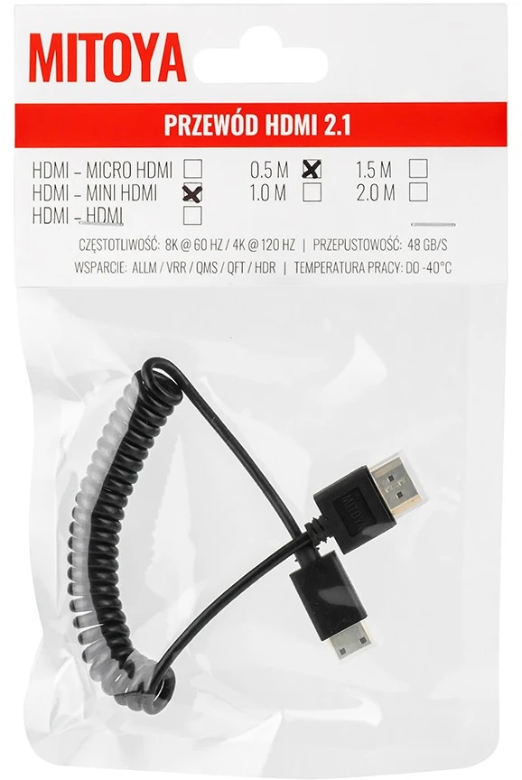 Mitoya HDMI Laidas - 50cm Spiralinis HDMI į Mini HDMI 2.1 8K 60Hz 48Gbps