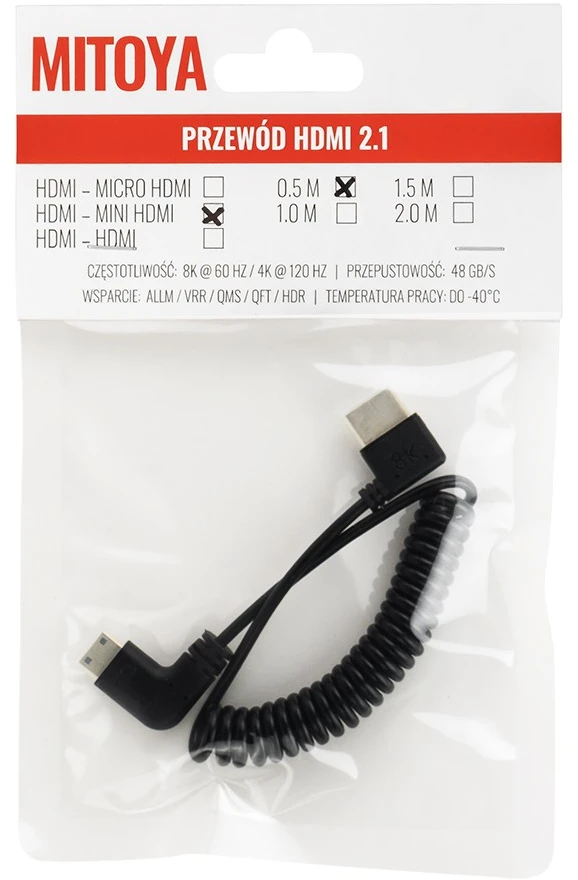Mitoya HDMI Laidas - Kampinis HDMI į Mini HDMI 50 cm 48 Gbps 8K/60Hz Spiralinis