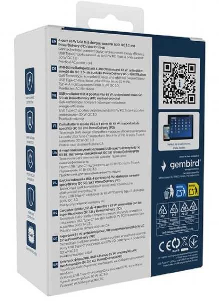 „Gembird“ USB PD USB C tipo, 4x USB, 65 W, GaN, juodas