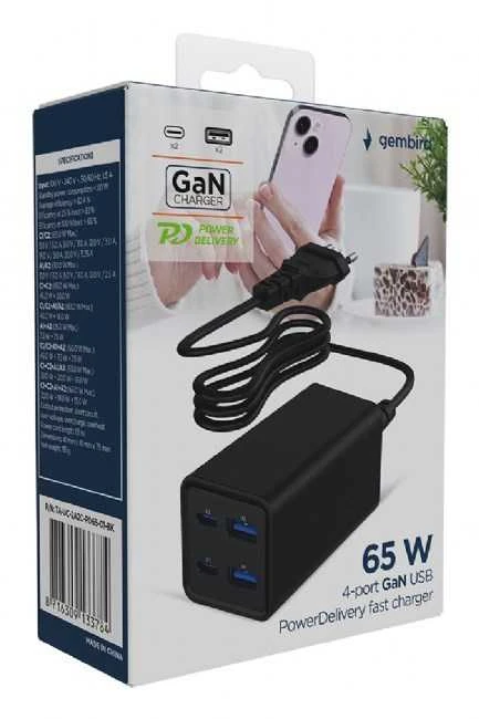 „Gembird“ USB PD USB C tipo, 4x USB, 65 W, GaN, juodas