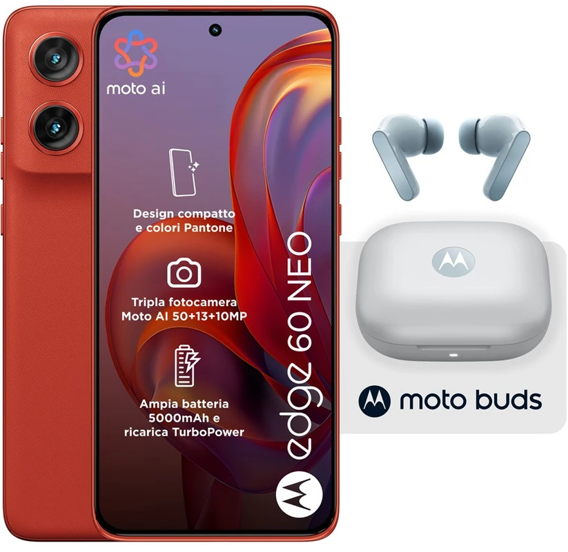 Motorola rinkinys: Moto Edge 60 Neo 8/256GB telefonas (raudonas) + Moto Buds ausinės (melsvos)
