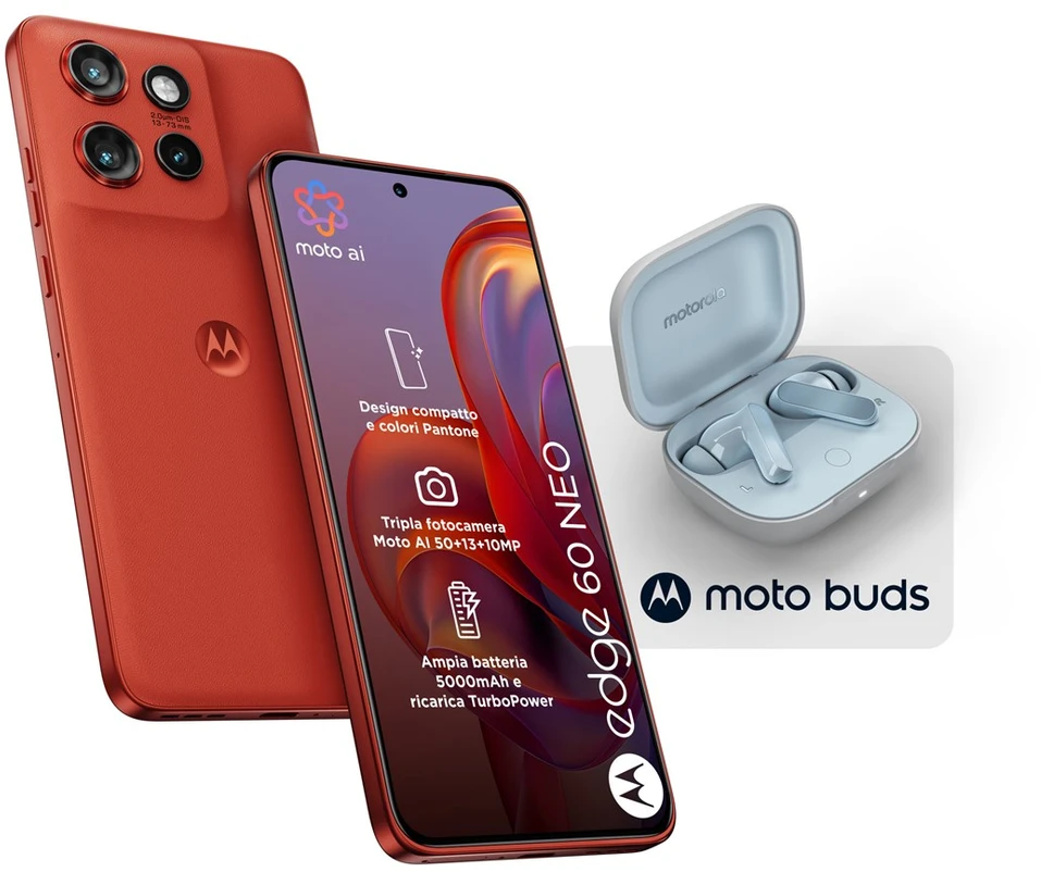 Motorola rinkinys: Moto Edge 60 Neo 8/256GB telefonas (raudonas) + Moto Buds ausinės (melsvos)