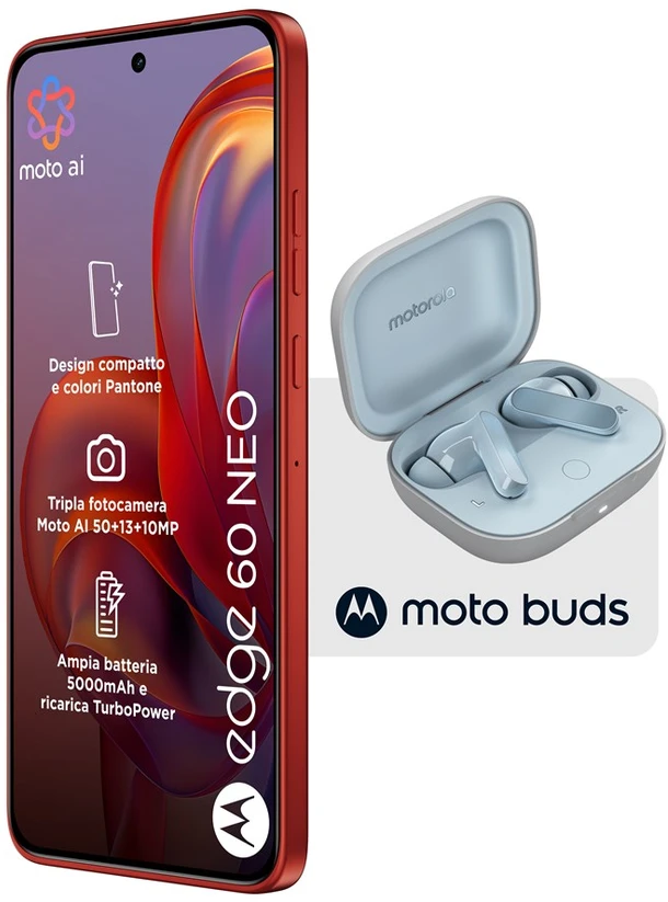 Motorola rinkinys: Moto Edge 60 Neo 8/256GB telefonas (raudonas) + Moto Buds ausinės (melsvos)