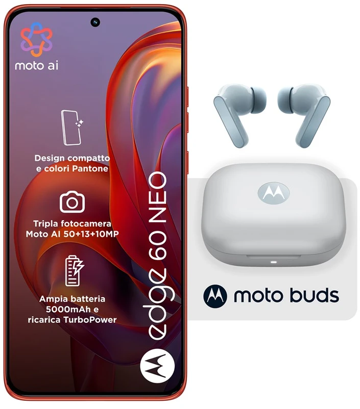 Motorola rinkinys: Moto Edge 60 Neo 8/256GB telefonas (raudonas) + Moto Buds ausinės (melsvos)