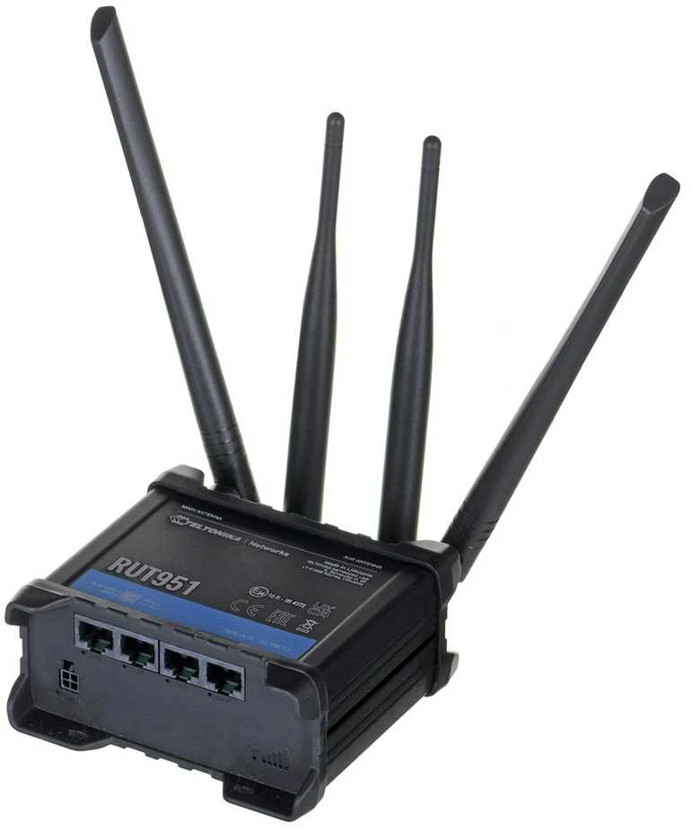 Teltonika | Pramoninis korinio ryšio maršrutizatorius | RUT951 | 802.11n | 10/100 Mbit/s | Ethernet LAN (RJ-45) jungtys 3 | Tinklo palaikymas: ne | MU-MiMO: ne | 2G/3G/4G | Antenos tipas: 2 x SMA, skirtas LTE, 2 x RP-SMA