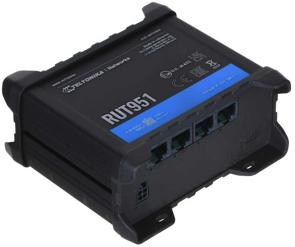 Teltonika | Pramoninis korinio ryšio maršrutizatorius | RUT951 | 802.11n | 10/100 Mbit/s | Ethernet LAN (RJ-45) jungtys 3 | Tinklo palaikymas: ne | MU-MiMO: ne | 2G/3G/4G | Antenos tipas: 2 x SMA, skirtas LTE, 2 x RP-SMA