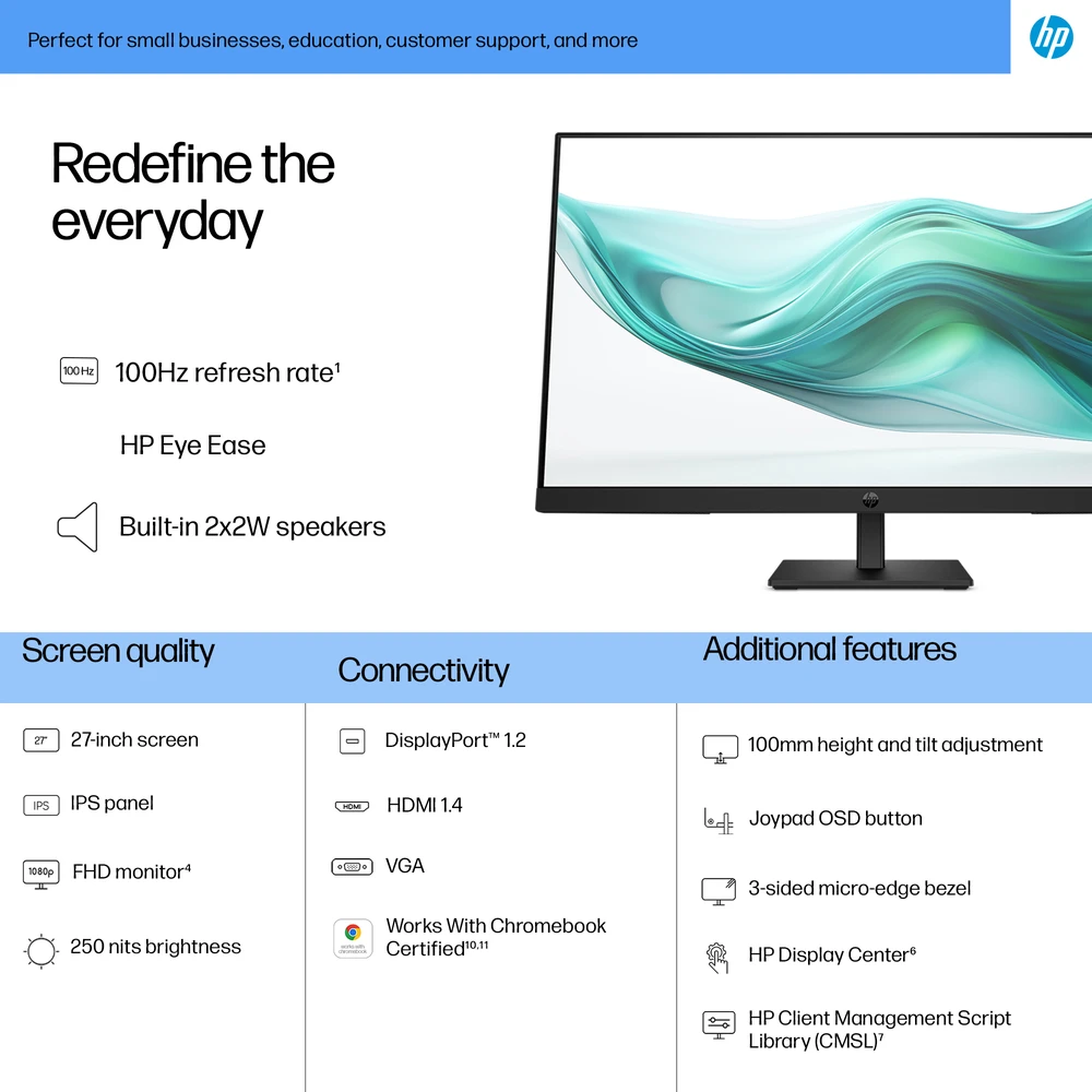 HP 327ph 3 serijos „Pro FHD“ monitorius – 27 colių įstrižainės, 1920 x 1080 FHD, 250 nitų, 100 Hz AG, IPS, HDMI/VGA/DisplayPort, garsiakalbiai, reguliuojamo aukščio/pakreipimo, 3 ekranai (pakeičia P27h G5)