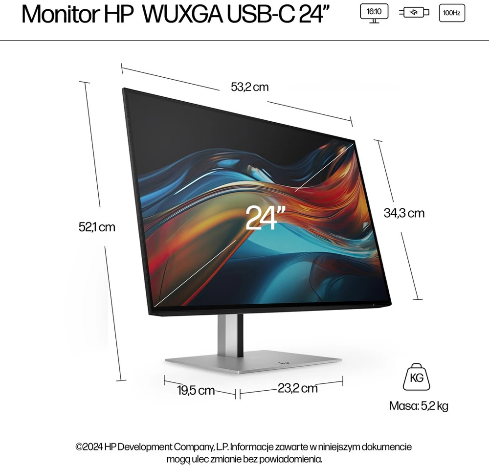 Hewlett Packard (HP) HP 724pu Series 7 Pro WUXGA įkrovimo monitorius – 24 colių 1920x1200 WUXGA 350 nitų 100Hz AG, IPS, USB-C(100W)/HDMI/DisplayPort Daisy-Chain, 4x USB-A, RJ-45/tilt/, reguliuojamas aukštis pasukamas / pasukamas, 3 metai (pakeičia Z24u G3)