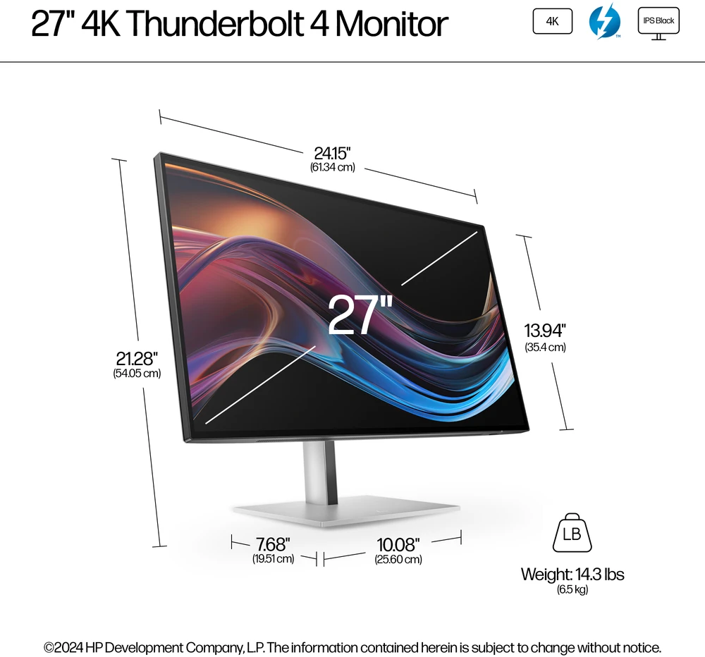 Hewlett Packard (HP) HP 727pk Series 7 Pro 4K TB4 įkrovimo monitorius - 27 colių 3840x2160 UHD 400 nitų 60Hz AG, IPS Juodas HDR 400, USB-C (100W/15W)/HDMI/DisplayPort Daisy-Chain, 5x USB-A, RJ-45 LAN, reguliuojamo aukščio / pakreipimo / pasukimo / sukimosi kampą, 3 metai (pakeičia Z27k G3)