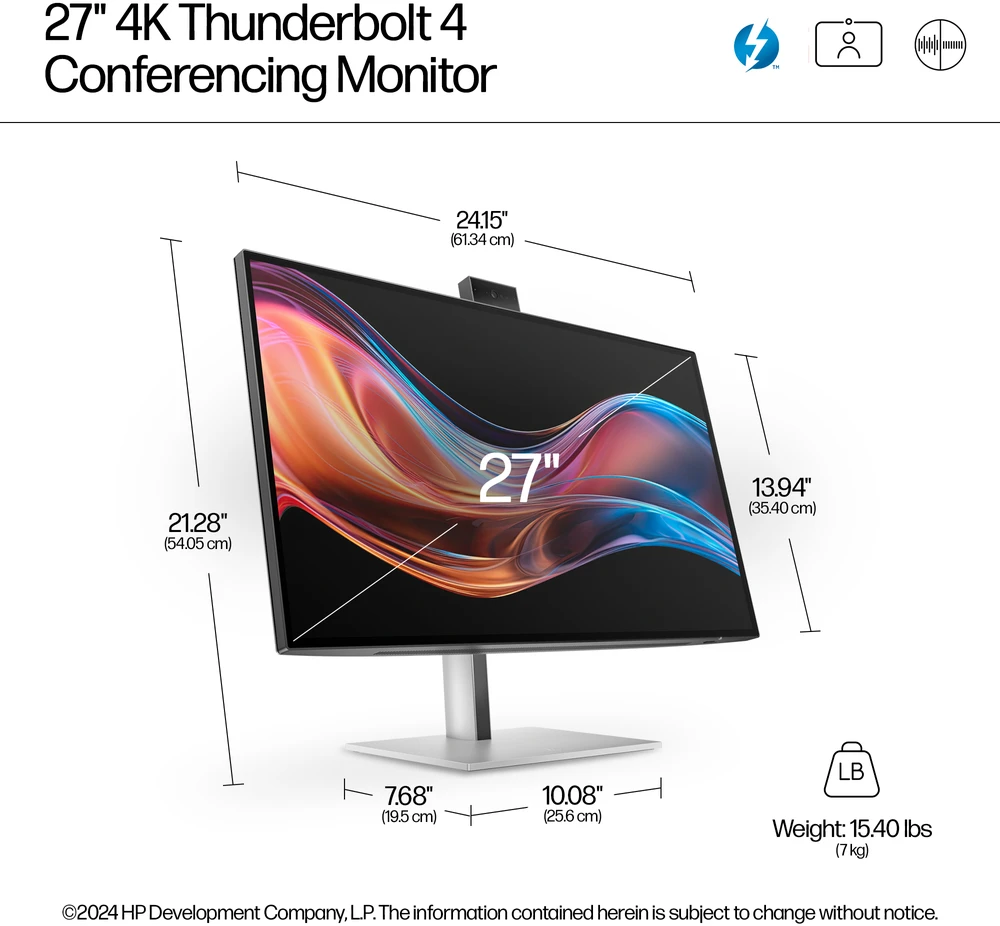 HP 727pm Series 7 Pro 4K Conferencing Monitorius – 27 colių 3840x2160 UHD 400 nitų 60Hz AG, IPS Juodas HDR 400, USB-C(100W/15W)/HDMI/DisplayPort Daisy-Chain, žiniatinklio garsiakalbiai, 5x, USB-5 RJ-45 LAN, reguliuojamas aukštis/pakreipimas/sukamas/sukamas, 3 metai