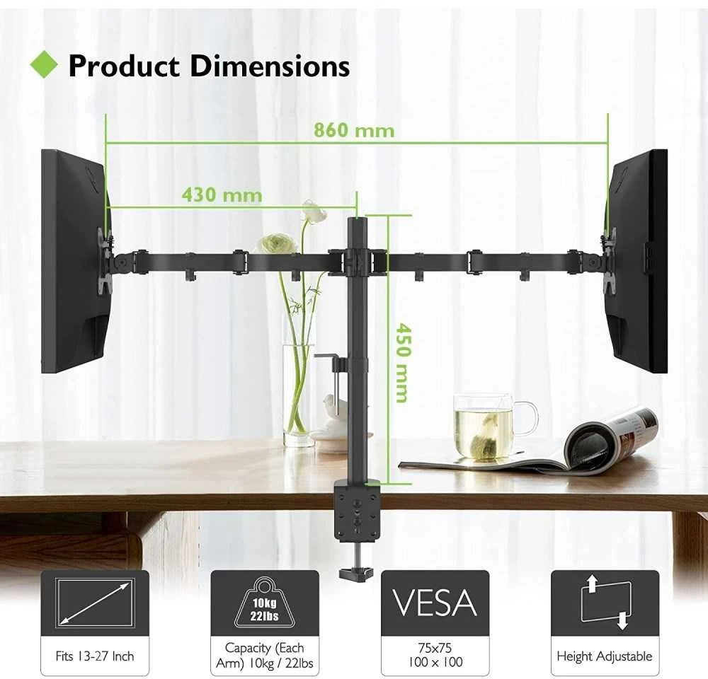 Laikiklis TECHLY 027514 Techly Dvigubas stalas LED/LCD monitoriaus rankena 13-27 2x10kg reguliuojama