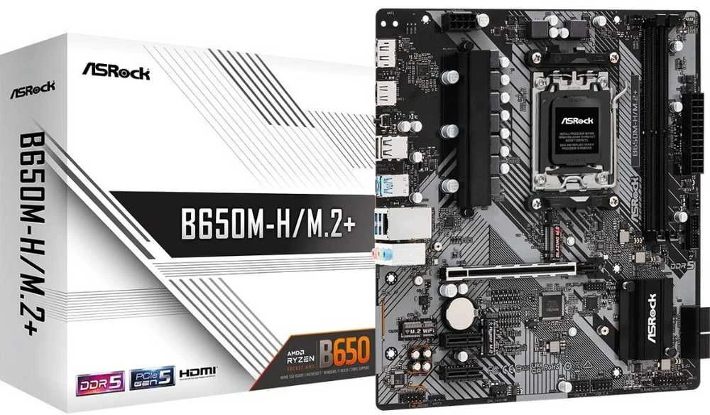 Pagrindinė plokštė ASRock | B650M-H/M.2+ | Procesorių šeima AMD | Procesoriaus lizdas AM5 | DDR5 | Palaikomos standžiojo disko sąsajos SATA, M.2 | SATA jungčių skaičius 4
