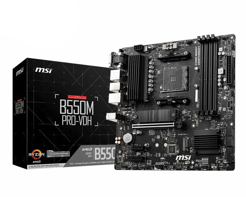 Pagrindinė plokštė MSI B550M PRO-VDH | AMD procesorių šeima | Procesoriaus lizdas AM4 | DDR4 | Atminties lizdai 4 | SATA jungčių skaičius 4 | Lustų rinkinys AMD B | Mikro ATX