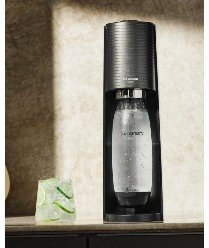 Gazuotų gėrimų gaminimo aparato SodaStream Terra rinkinys, juodas +DOVANA Bubly drops™ persikų skonio SodaStream sirupas
