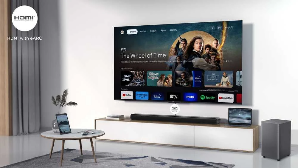 Namų kino sistema TCL S S55H 2.1 klasės kanalų garso juosta su „Dolby Atmos“, belaidžiu žemųjų dažnių garsiakalbiu ir „Bluetooth“ muzikos transliacija