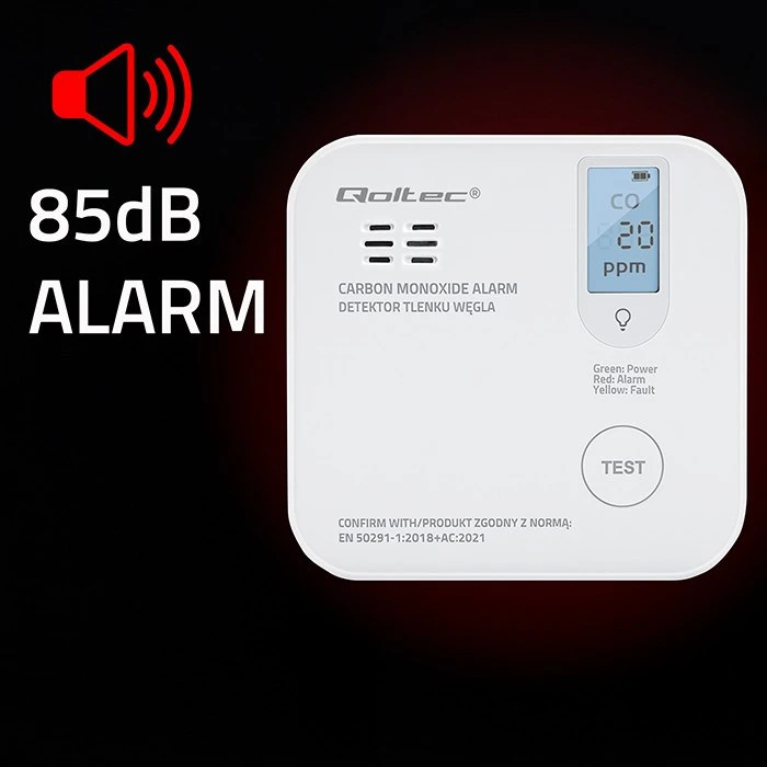 Qoltec 52577 belaidis anglies monoksido (CO) jutiklis su baterija | jutiklio tarnavimo laikas 10 metų | signalizacija 85dB | LED