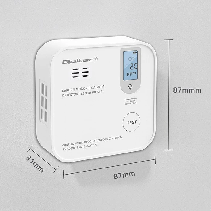 Qoltec 52577 belaidis anglies monoksido (CO) jutiklis su baterija | jutiklio tarnavimo laikas 10 metų | signalizacija 85dB | LED