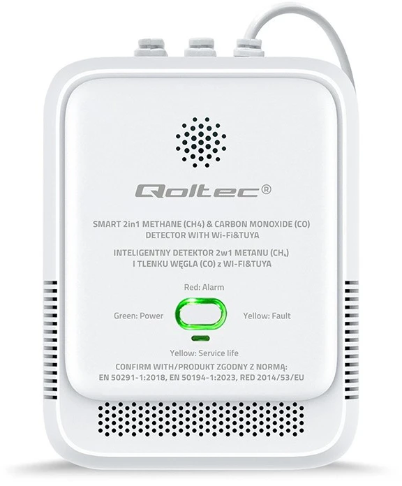 Qoltec 52654 2in1 gamtinių dujų ir anglies monoksido (CO) nuotėkio detektorius | CH4 | CO | NG | Tuya | Wi-Fi | 85 dB signalizacija | LED