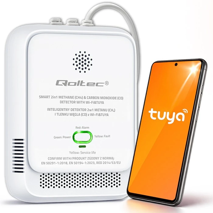 Qoltec 52654 2in1 gamtinių dujų ir anglies monoksido (CO) nuotėkio detektorius | CH4 | CO | NG | Tuya | Wi-Fi | 85 dB signalizacija | LED
