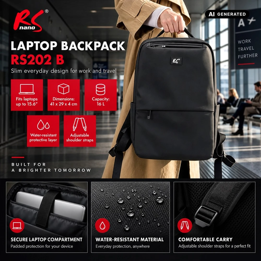 Maclean Kuprinė na laptopa NanoRS, 15,6", juoda, 41*29*4, neperšlampamas RS202 B