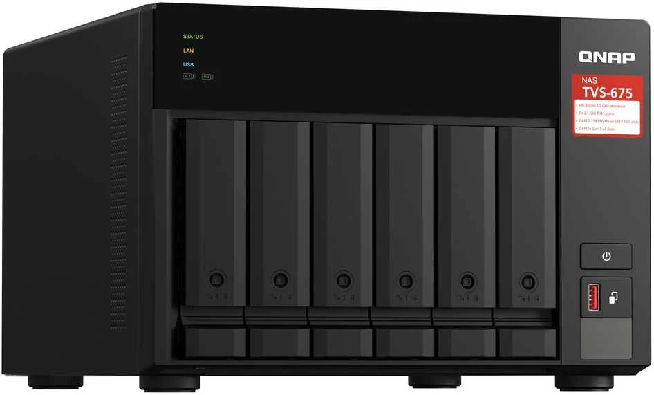 Serveris QNAP TVS-675 NAS bokštas ZhaoXin KaiXian KX-6000 KX-U6580 8 GB DDR4 0 TB QuTS Hero Juodas