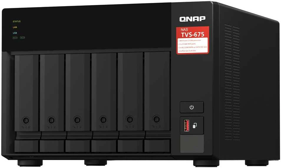 Serveris QNAP TVS-675 NAS bokštas ZhaoXin KaiXian KX-6000 KX-U6580 8 GB DDR4 0 TB QuTS Hero Juodas