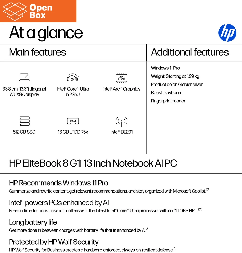 Nešiojamas kompiuteris - HP EliteBook 8 G1i 13 | Ultra 5 225U | 16 GB | 512 GB SSD | 13,3" WUXGA | Wi‑Fi + BT | Win11 Pro | Atidaryta pakuotė | Sidabrinis (Pažeista pakuotė)