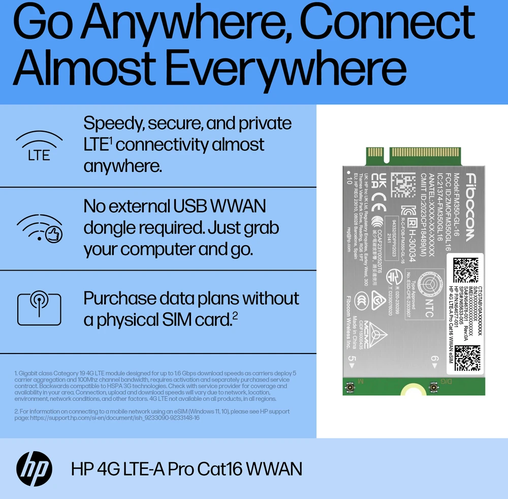HP 4G LTE modemas m.2 WWAN Cat 16 L860-GL-16 Mobile Broadband Cellular (suderinamas su WWAN parengtu EliteBook 630 640 645 660 665 830 835 840 845 860 865 1040 40 40 1040 465 G11, ZBook Firefly Fury Power 14 16 G11 G11A)