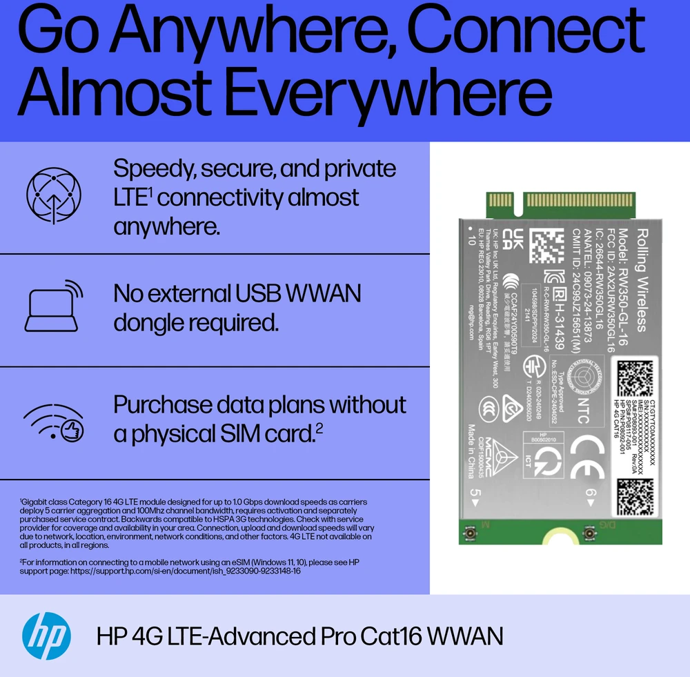 HP 4G LTE modemas m.2 WWAN Cat 19 mobilusis plačiajuostis ryšys (suderinamas su WWAN palaikančiais „EliteBook 8 X - G1i G1a - 13 14 16“, „Flip“, „ZBook 8 X Fury - G1i G1a - 14 16 18“)