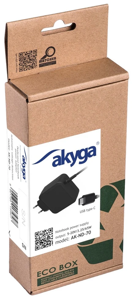 Akyga Nešiojamojo kompiuterio pakrovėjas AK-ND-70 (5-20V / 3-3.25A 65W) USB Type-C 1.2m
