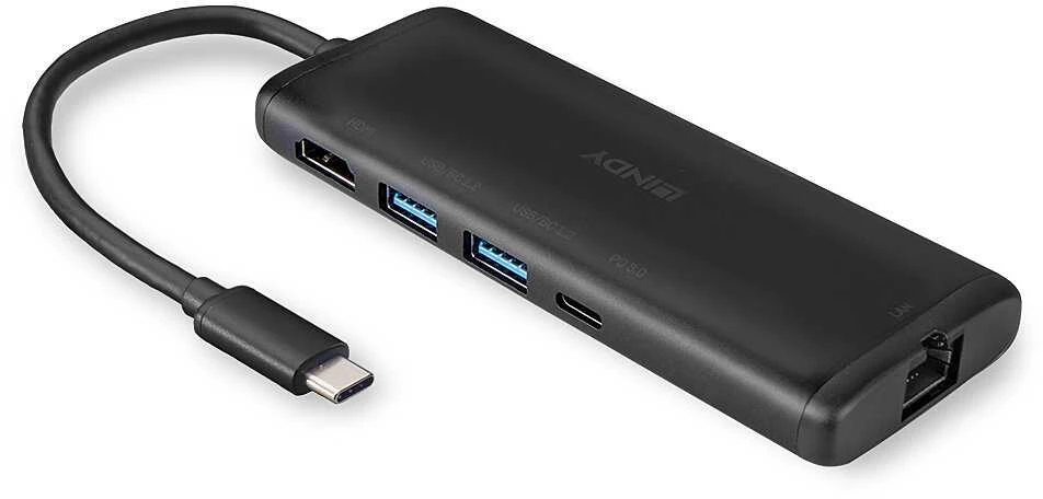 Nešiojamojo Kompiuterio Dokavimo Stotis - LINDY DST-Mini, USB-C Nešiojamojo Kompiuterio Mini Dokavimo Stotis, 4K Palaikymas, 100W Perėjimo Įkrovimas 4K HDMI®, PD 3.0 100W, Gigabit Ethernet, MicroSD ir SD, Juoda