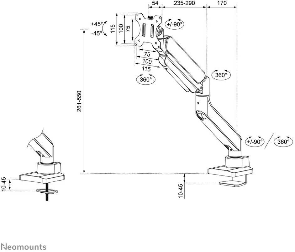 Laikiklis NEOMOUNTS STALO MOUNT, 1 YPAČ PLATUS LENKAS EKRANAS (TOPFIX CLAMP & GROMMET)