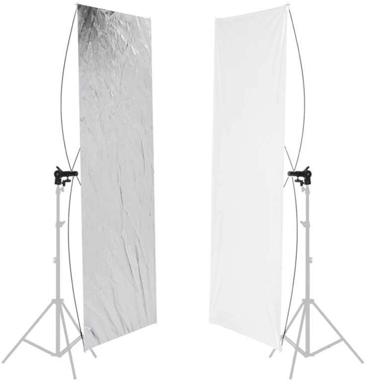 null Fotografijos reflektoriaus laikiklis - 60x120cm dvipusis reflektorius su laikikliais sidabrinis/baltas