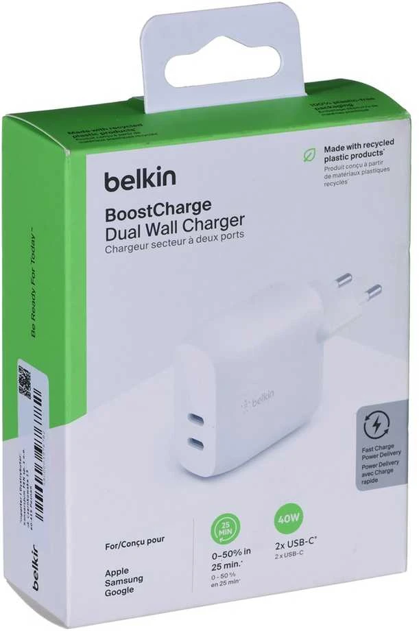 Belkin 2x USB C, maitinimo šaltinis, 40W, balta