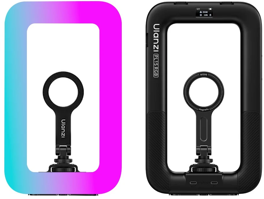 Multiblitz null LED šviestuvas - Ulanzi PL15RGB su magnetiniu telefono laikikliu, 2 500–9 000 K, HSI, 20 efektų, USB-C, 90 min. baterija