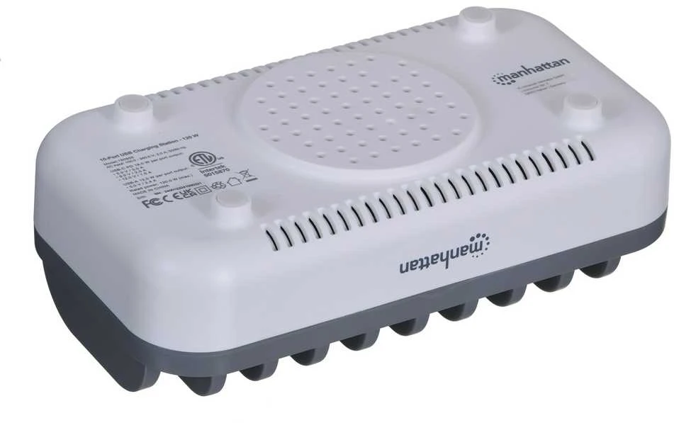 Manhattan įkrovimo stotis, 10x prievadų: 3x USB-C (iki 18W PD) ir 7x USB-A (iki 12W), 120W bendra išvestis, Baltas/Pilkas, Trejų metų garantija, dėžutė