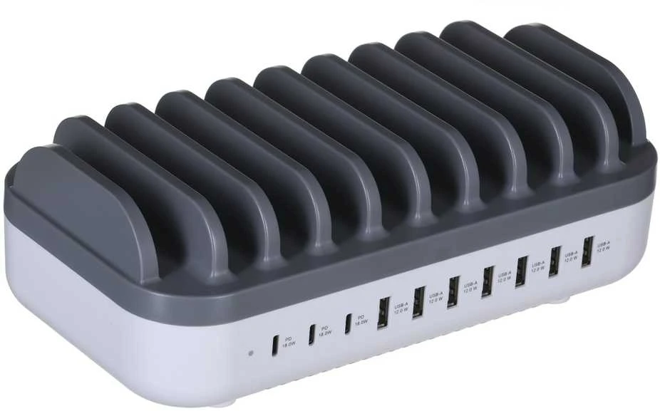 Manhattan įkrovimo stotis, 10x prievadų: 3x USB-C (iki 18W PD) ir 7x USB-A (iki 12W), 120W bendra išvestis, Baltas/Pilkas, Trejų metų garantija, dėžutė