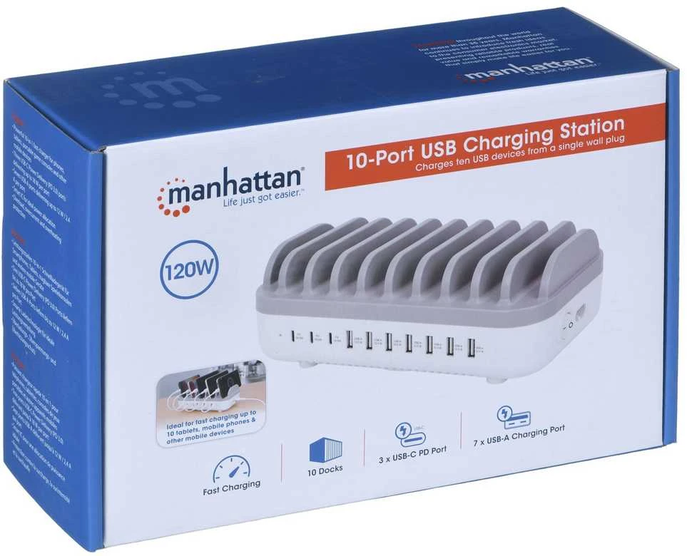 Manhattan įkrovimo stotis, 10x prievadų: 3x USB-C (iki 18W PD) ir 7x USB-A (iki 12W), 120W bendra išvestis, Baltas/Pilkas, Trejų metų garantija, dėžutė