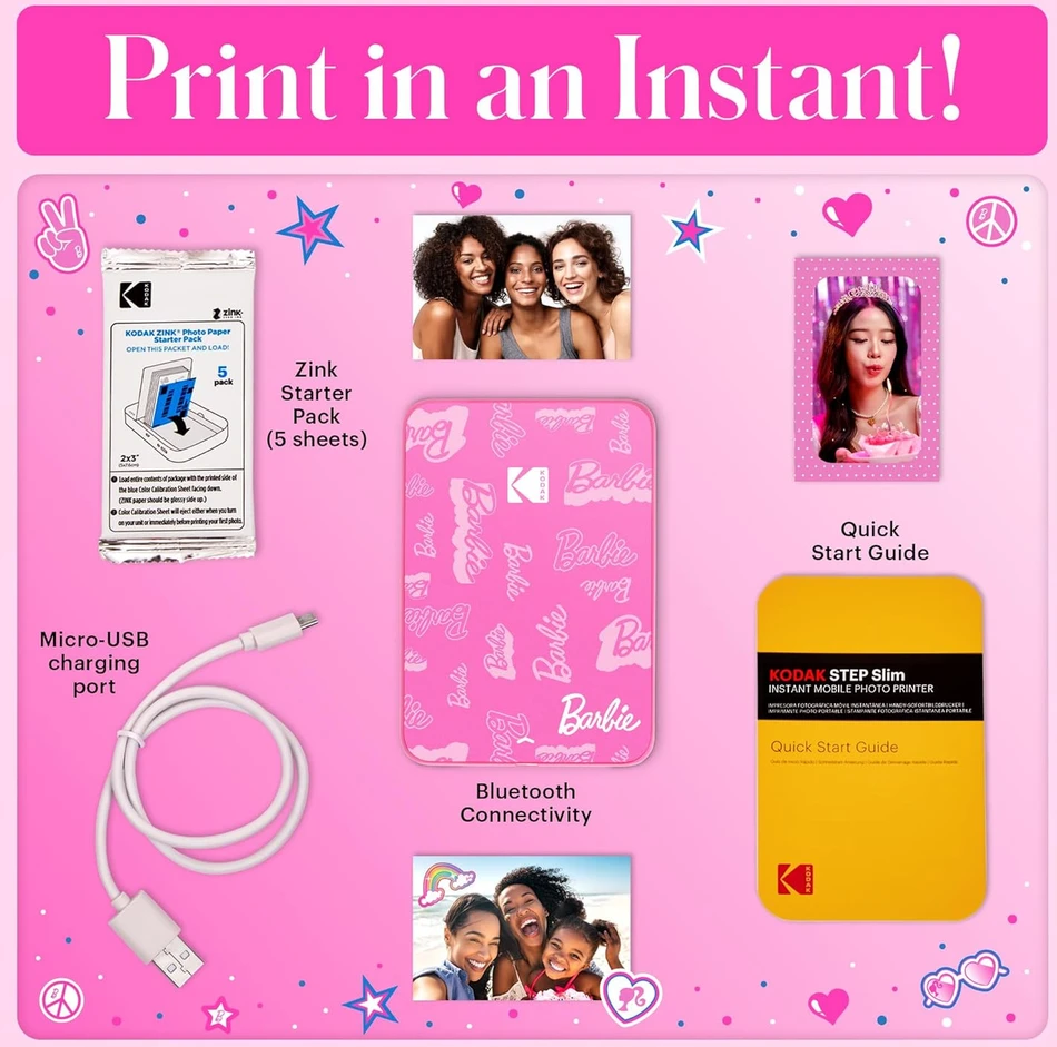 Nuotraukų Spausdintuvas - Kodak Step Slim 2 Barbie Edition 2 × 3 Colių Lipnių Nuotraukų Spausdintuvas