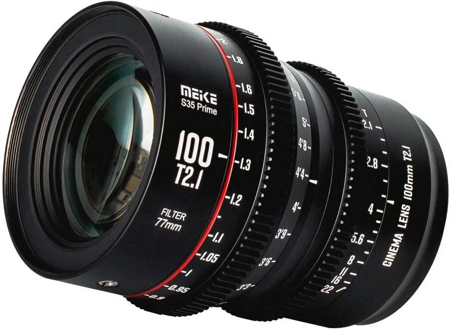 Objektyvas - Meike MK 100mm T2.1 EF montavimas, 0.9m fokusas, 12 peiliukų diafragma