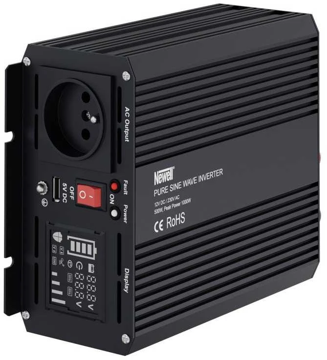 Objektyvas Newell įtampos keitiklis su gryna sinusine banga 12 V / 230 V, 500 W.